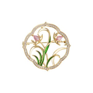 Orchid brooch wholesale featuring a circular micro-pavé frame enclosing pink enamel orchid blossoms and green enamel leaves in gold plating from junejewelry.com