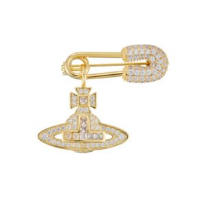 Trendy planet safety pin brooch wholesale featuring a pavé cubic zirconia encrusted safety pin header with a dangling crystal Saturn orb pendant from junejewelry.com