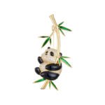 Playful Chinese style hanging panda bamboo CZ brooch wholesale featuring a chubby micro-pave cubic zirconia panda clinging to a gold-plated bamboo stalk with vibrant green enamel leaves from junejewelry.com