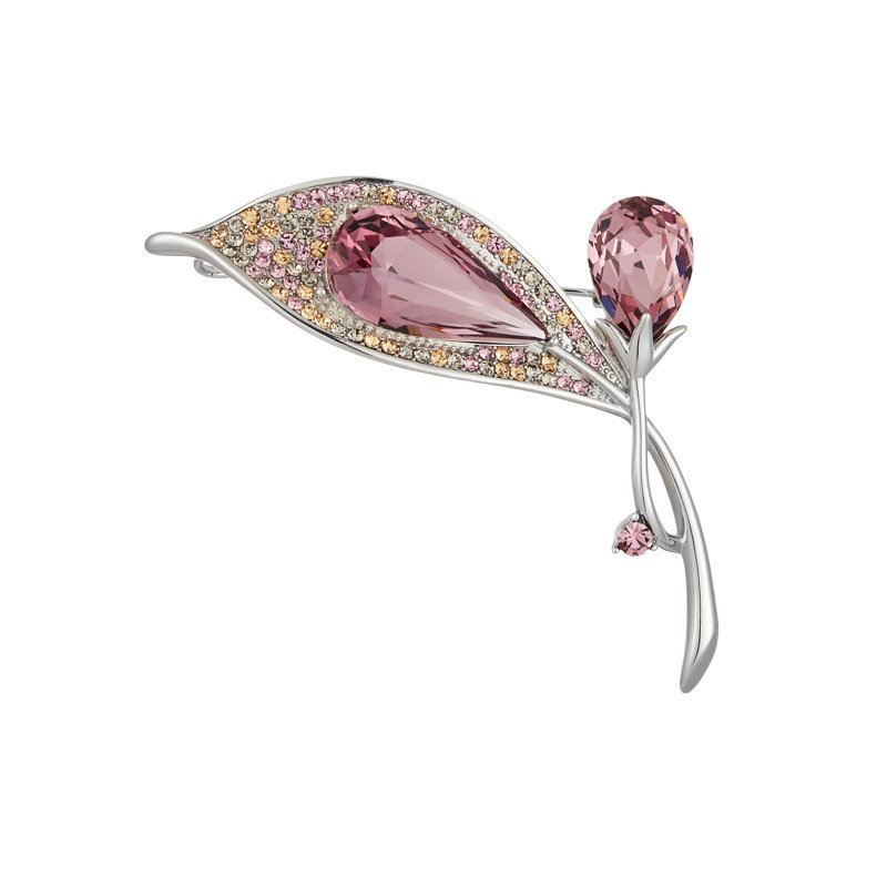 Crystal flower brooch wholesale featuring faceted teardrop glass petals bordered by multi-colored paved rhinestones on an elegant stem in silver plating from junejewelry.com