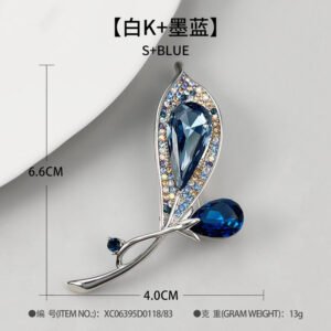 Crystal flower brooch wholesale featuring faceted teardrop glass petals bordered by multi-colored paved rhinestones on an elegant stem in silver plating from junejewelry.com