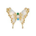 Pearl shell butterfly brooch wholesale featuring natural mother-of-pearl wings overlaid with pavé CZ vine tendrils, a center faux pearl, and multi-color cubic zirconia accents from junejewelry.com