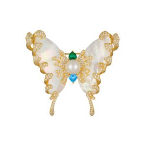Pearl shell butterfly brooch wholesale featuring natural mother-of-pearl wings overlaid with pavé CZ vine tendrils, a center faux pearl, and multi-color cubic zirconia accents from junejewelry.com