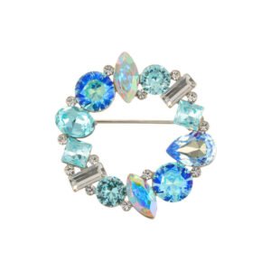 Sparkling ice blue wreath crystal brooch wholesale featuring an elegant circular ring design embellished with multi-shaped Czech glass crystals, marquise, emerald cut, and round facets with dual brooch pin and pendant hook functionality from junejewelry.com