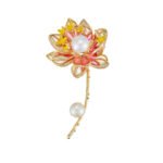 Oriental luxury Chinese style enamel lotus pearl brooch wholesale featuring translucent enamel petals, yellow enamel stamens, micro-pave CZ outlines, and dual freshwater pearls on a gold stem from junejewelry.com