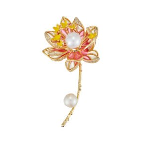 Oriental luxury Chinese style enamel lotus pearl brooch wholesale featuring translucent enamel petals, yellow enamel stamens, micro-pave CZ outlines, and dual freshwater pearls on a gold stem from junejewelry.com