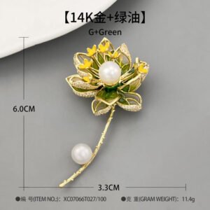 Oriental luxury Chinese style enamel lotus pearl brooch wholesale featuring translucent enamel petals, yellow enamel stamens, micro-pave CZ outlines, and dual freshwater pearls on a gold stem from junejewelry.com