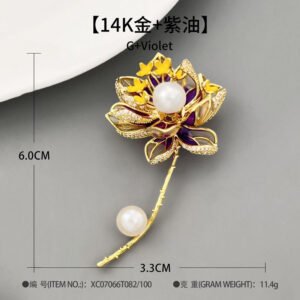 Oriental luxury Chinese style enamel lotus pearl brooch wholesale featuring translucent enamel petals, yellow enamel stamens, micro-pave CZ outlines, and dual freshwater pearls on a gold stem from junejewelry.com