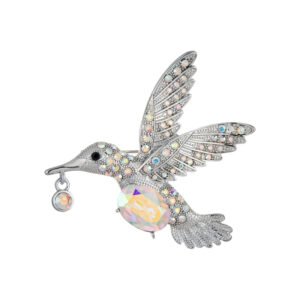 Hummingbird crystal brooch wholesale featuring an iridescent oval AB glass stone center, rainbow rhinestone-paved wings, and a dangling crystal beak charm in silver plating from junejewelry.com