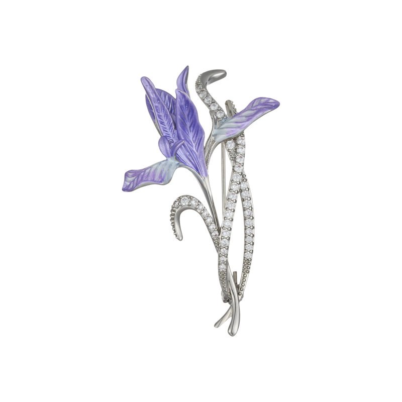 Iris brooch wholesale featuring purple enamel iris flower petals and silver-plated stems set with pavé cubic zirconia from junejewelry.com
