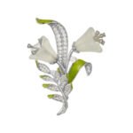 Light luxury white agate lily of the valley brooch wholesale featuring carved translucent white agate bell-shaped blooms, fresh green enamel leaves, and micro-pave cubic zirconia foliage on a silver setting from junejewelry.com