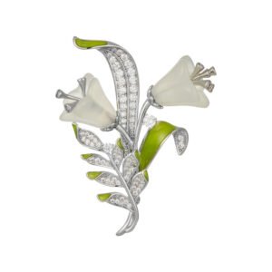 Light luxury white agate lily of the valley brooch wholesale featuring carved translucent white agate bell-shaped blooms, fresh green enamel leaves, and micro-pave cubic zirconia foliage on a silver setting from junejewelry.com