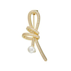 Elegant micro pave ribbon pearl brooch wholesale featuring a sparkling cubic zirconia encrusted looped ribbon bow knot tipped with a lustrous white pearl from junejewelry.com