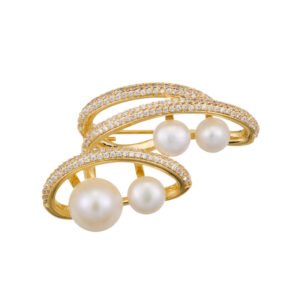 Light luxury layered pearl cluster brooch wholesale featuring multi-tiered micro-pave cubic zirconia curved bands nestled with lustrous white pearls from junejewelry.com