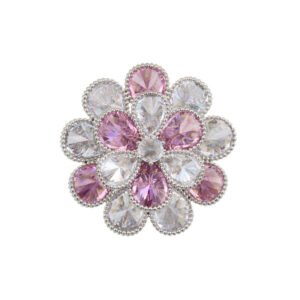 Pink crystal flower brooch wholesale featuring two layers of faceted teardrop cubic zirconia petals in clear and soft pink tones with a textured silver-plated finish from junejewelry.com
