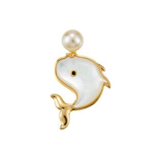 Playful cute mother of pearl whale brooch wholesale featuring a smooth iridescent white shell body, black gem eye, and round pearl water spout in gold or silver trim from junejewelry.com