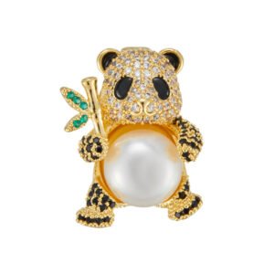 Chinese style cute panda pearl brooch wholesale featuring micro-pave clear and black cubic zirconia stones, green CZ bamboo leaf, and a large central pearl from junejewelry.com