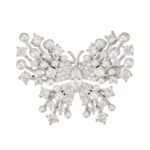 Pearl butterfly brooch wholesale featuring delicate pavé cubic zirconia wings, pearl-tipped accents, and a silver-plated finish from junejewelry.com