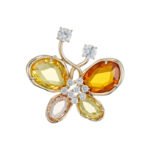 Crystal butterfly brooch wholesale featuring faceted glass crystal wings, cubic zirconia center body, and round CZ antenna tips from junejewelry.com