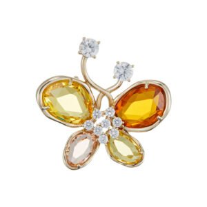 Crystal butterfly brooch wholesale featuring faceted glass crystal wings, cubic zirconia center body, and round CZ antenna tips from junejewelry.com