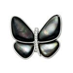 Elegant magnetic mother of pearl butterfly brooch wholesale featuring natural white or black shell wings, micro-pave cubic zirconia body, and a fabric-safe pinless magnetic back clasp from junejewelry.com