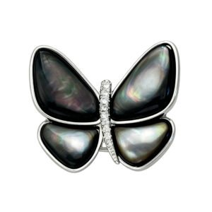 Elegant magnetic mother of pearl butterfly brooch wholesale featuring natural white or black shell wings, micro-pave cubic zirconia body, and a fabric-safe pinless magnetic back clasp from junejewelry.com
