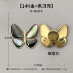Elegant magnetic mother of pearl butterfly brooch wholesale featuring natural white or black shell wings, micro-pave cubic zirconia body, and a fabric-safe pinless magnetic back clasp from junejewelry.com