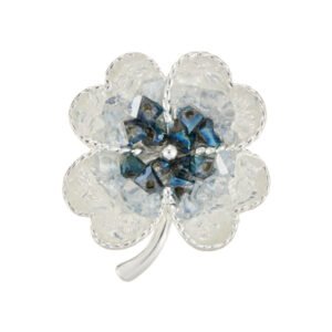 Elegant magnetic four leaf clover crystal brooch wholesale featuring four clover petals filled with crushed ice crystals and bi-color center accents, with a pinless magnetic back clasp from junejewelry.com