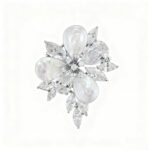 High-end baroque pearl flower CZ brooch wholesale featuring iridescent teardrop baroque shell petals, brilliant pear and marquise cubic zirconia stones, and detailed central stamens from junejewelry.com