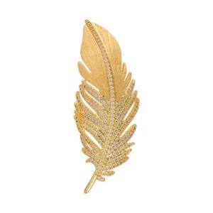 Elegant gold feather brooch wholesale featuring a brushed matte gold vane contrasted with a sparkling micro-pave cubic zirconia lower plume from junejewelry.com