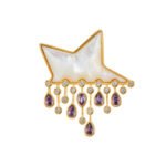 Star raindrop brooch wholesale featuring a smooth white mother-of-pearl shell star with dangling teardrop and round cubic zirconia raindrops from junejewelry.com