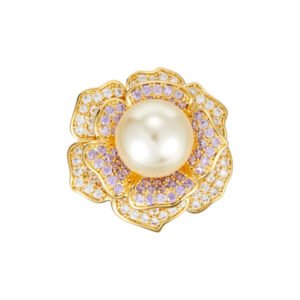 High-end magnetic camellia CZ pearl brooch wholesale featuring micro-pave white and purple cubic zirconia petals, a luminous glass pearl center, and a strong pinless magnetic back clasp in gold or rhodium finish from junejewelry.com