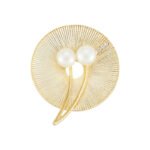 Pearl round brooch wholesale featuring a textured radial disc design adorned with dual freshwater pearls and sparkling cubic zirconia stones from junejewelry.com