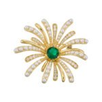 Dazzling firework pearl crystal brooch wholesale featuring radiating metallic rays set with round pearls and pave cubic zirconia centered around a brilliant jewel gemstone, with convertible pendant hook functionality from junejewelry.com