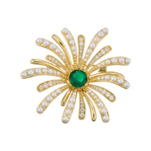 Dazzling firework pearl crystal brooch wholesale featuring radiating metallic rays set with round pearls and pave cubic zirconia centered around a brilliant jewel gemstone, with convertible pendant hook functionality from junejewelry.com