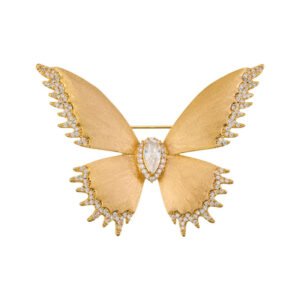 Brushed gold butterfly brooch wholesale featuring textured matte wings with cubic zirconia paved edges and a teardrop center stone from junejewelry.com