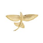 Minimalist 3D flying fish brooch wholesale featuring a textured metal winged fish design in high-shine silver or gold finish from junejewelry.com