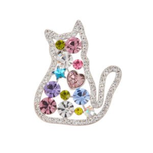 Playful and elegant colorful rhinestone cat brooch wholesale featuring a hollow sitting cat silhouette framed in micro-pave crystals and filled with multi-color Czech rhinestones, heart, and star accents in gold or rose gold finish from junejewelry.com