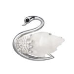 Elegant mother of pearl swan brooch wholesale featuring a carved natural shell wing, pavé cubic zirconia feathers, a black CZ eye, and a magnetic closure from junejewelry.com