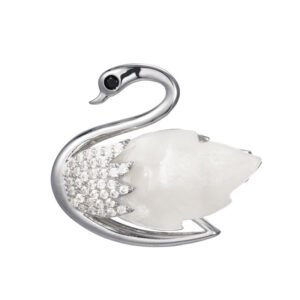 Elegant mother of pearl swan brooch wholesale featuring a carved natural shell wing, pavé cubic zirconia feathers, a black CZ eye, and a magnetic closure from junejewelry.com