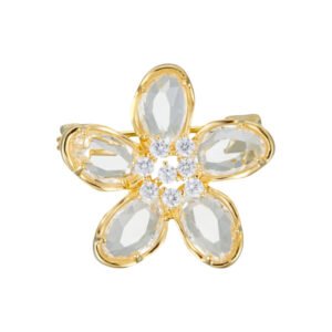 Colorful five-petal flower brooch pin wholesale featuring oval-cut cubic zirconia crystal petals with a micro-pave CZ centerpiece from junejewelry.com