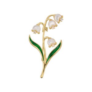 Lily of the valley brooch wholesale featuring carved mother-of-pearl shell bell flowers with cubic zirconia accents and green enamel leaves from junejewelry.com
