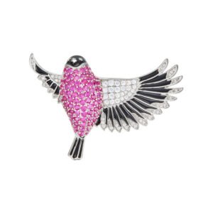 Flying bird crystal brooch wholesale featuring pavé ruby pink cubic zirconia body, clear CZ inner wings, and black enamel feather trim from junejewelry.com