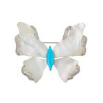 Shell butterfly brooch wholesale featuring iridescent mother-of-pearl wings with cubic zirconia paved edges and a marquise-cut center stone from junejewelry.com