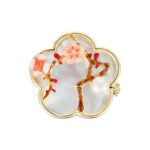Oriental vintage Chinese style mother of pearl plum blossom brooch wholesale featuring a scalloped natural white shell base overlaid with pink enamel plum blossoms, branches, and a freshwater pearl in gold or silver finish from junejewelry.com