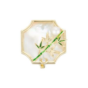 Oriental vintage Chinese style mother of pearl bamboo brooch wholesale featuring a scalloped natural white shell base overlaid with green enamel bamboo stalk, leaves, cubic zirconia accent, and freshwater pearl in gold or silver finish from junejewelry.com