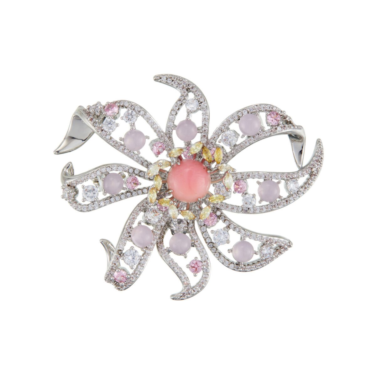 Light luxury pink floral queen conch shell brooch wholesale featuring a pink queen conch shell central cabochon surrounded by yellow, pink, clear cubic zirconia stones, soft purple bead accents, and silver pave openwork petals from junejewelry.com