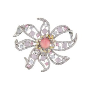 Light luxury pink floral queen conch shell brooch wholesale featuring a pink queen conch shell central cabochon surrounded by yellow, pink, clear cubic zirconia stones, soft purple bead accents, and silver pave openwork petals from junejewelry.com