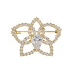 Light luxury hollow flower CZ brooch wholesale featuring pave cubic zirconia openwork petals, 14K gold or platinum color plating, and a large central teardrop pear-cut stone from junejewelry.com