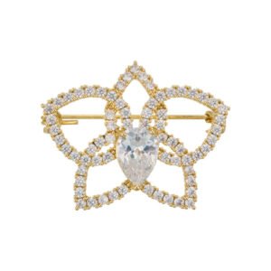 Light luxury hollow flower CZ brooch wholesale featuring pave cubic zirconia openwork petals, 14K gold or platinum color plating, and a large central teardrop pear-cut stone from junejewelry.com